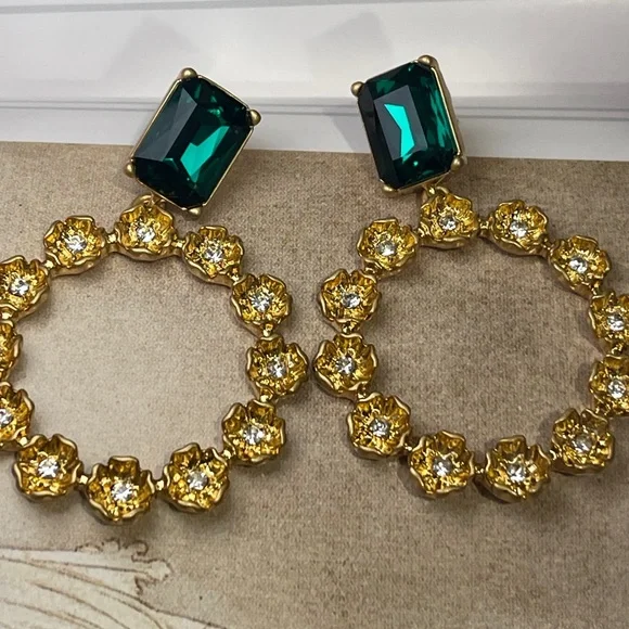 Oscar de La Renta Earrings emerald gold flowers floral Dangle drop hoops signed - Picture 10 of 14